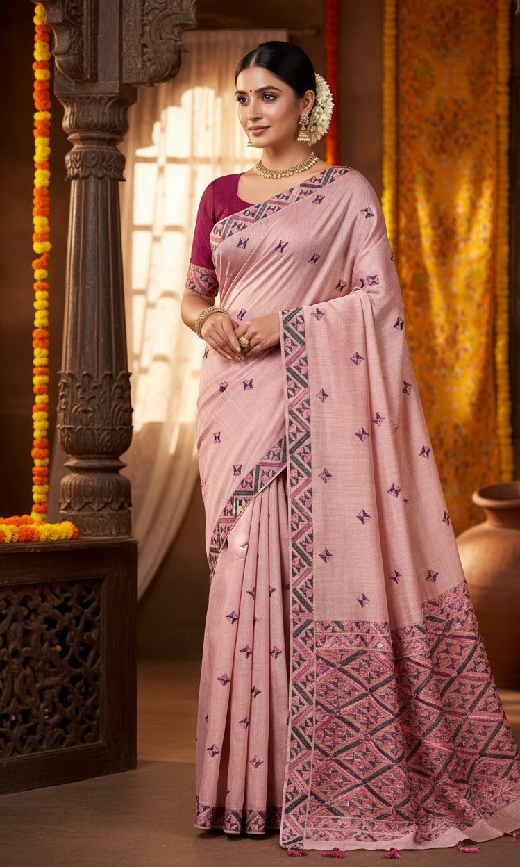 The Amritsar Store Phulkari Saree – Hand Embroidered Traditional Design on Elegant Pink Fabric