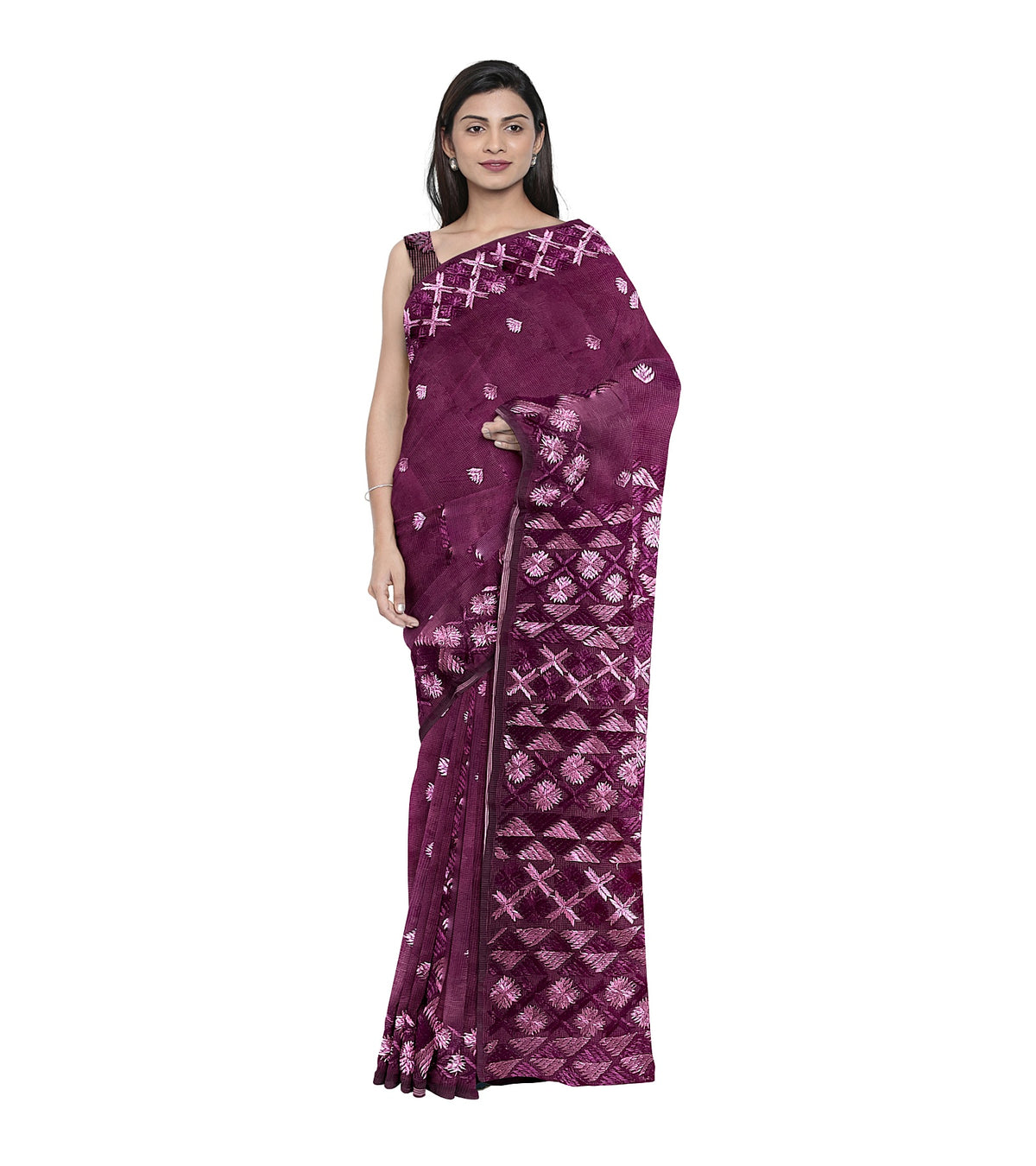 The Amritsar Store Phulkari Saree – Hand Embroidered Traditional Design on Rich Purple Fabric