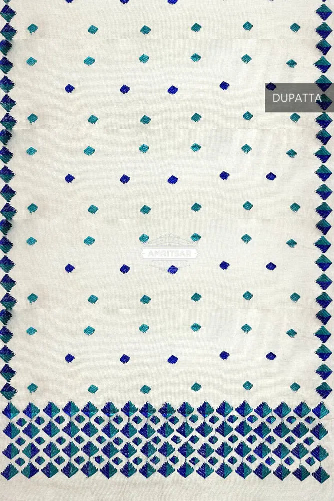 The Amritsar Store Phulkari Dupatta – Hand Embroidered White Fabric with Blue Accents