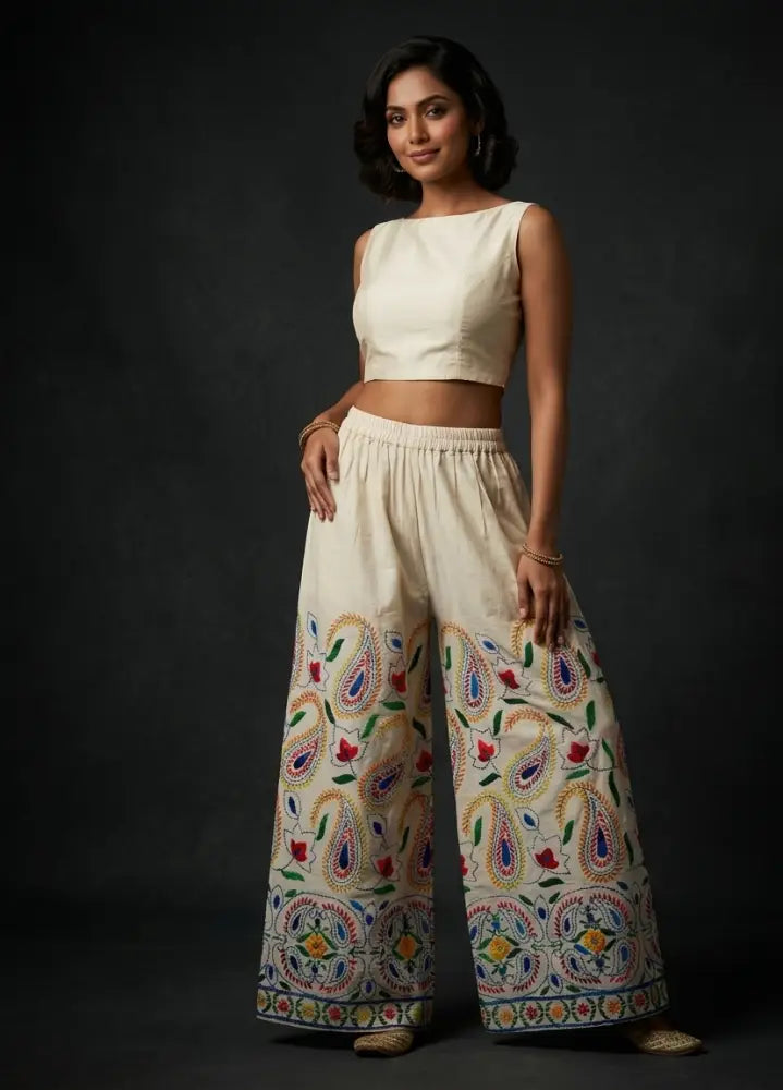 White Kora Cotton Embroidered Punjabi Plazzo by The Amritsar Store, traditional handcrafted ethnic palazzo for women.