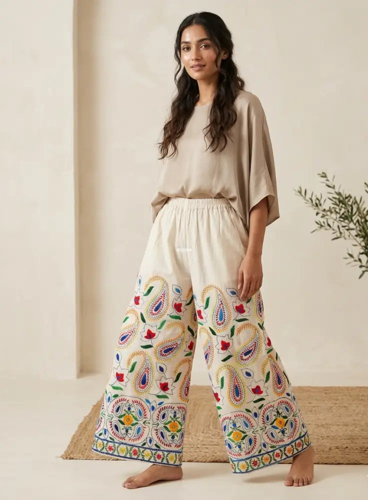 White Kora Cotton Embroidered Punjabi Plazzo by The Amritsar Store, traditional handcrafted ethnic palazzo for women.