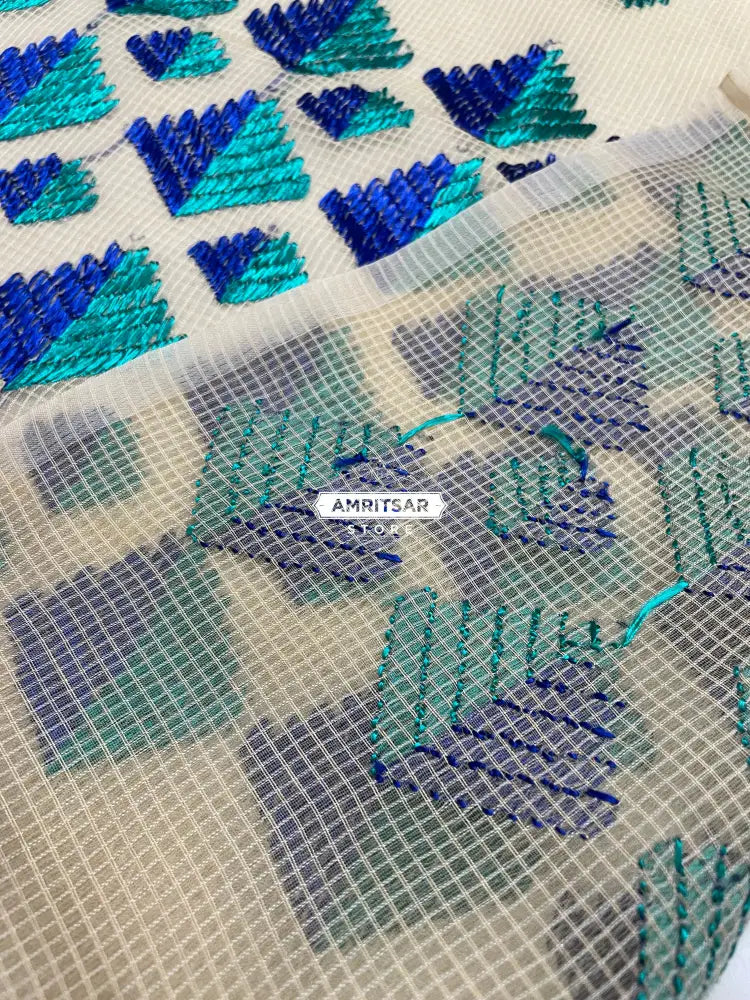 The Amritsar Store Phulkari Dupatta – Hand Embroidered White Fabric with Blue Accents