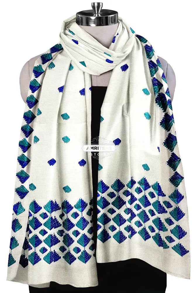 The Amritsar Store Phulkari Dupatta – Hand Embroidered White Fabric with Blue Accents