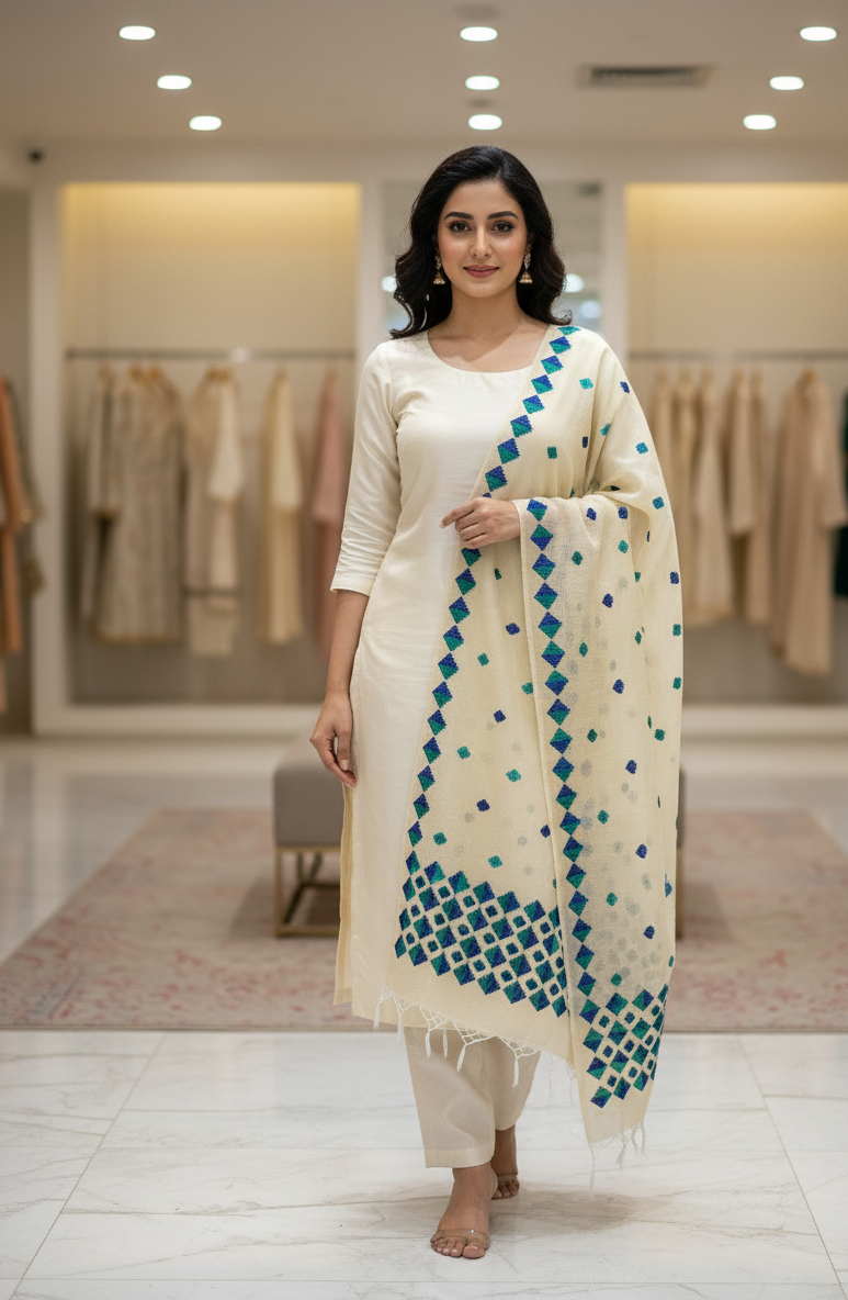 The Amritsar Store Phulkari Dupatta – Hand Embroidered White Fabric with Blue Accents