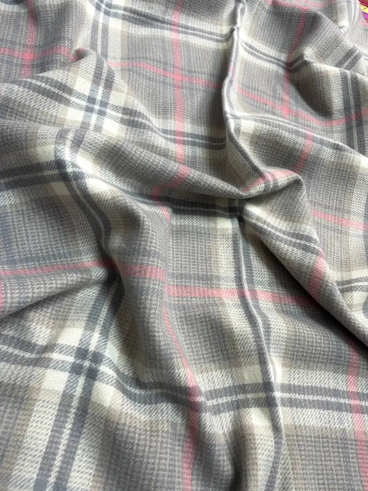 “The Amritsar Store winter plaid wool scarf in grey with soft pink accents, warm lightweight wool scarf