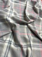 “The Amritsar Store winter plaid wool scarf in grey with soft pink accents, warm lightweight wool scarf