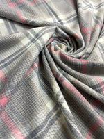 “The Amritsar Store winter plaid wool scarf in grey with soft pink accents, warm lightweight wool scarf