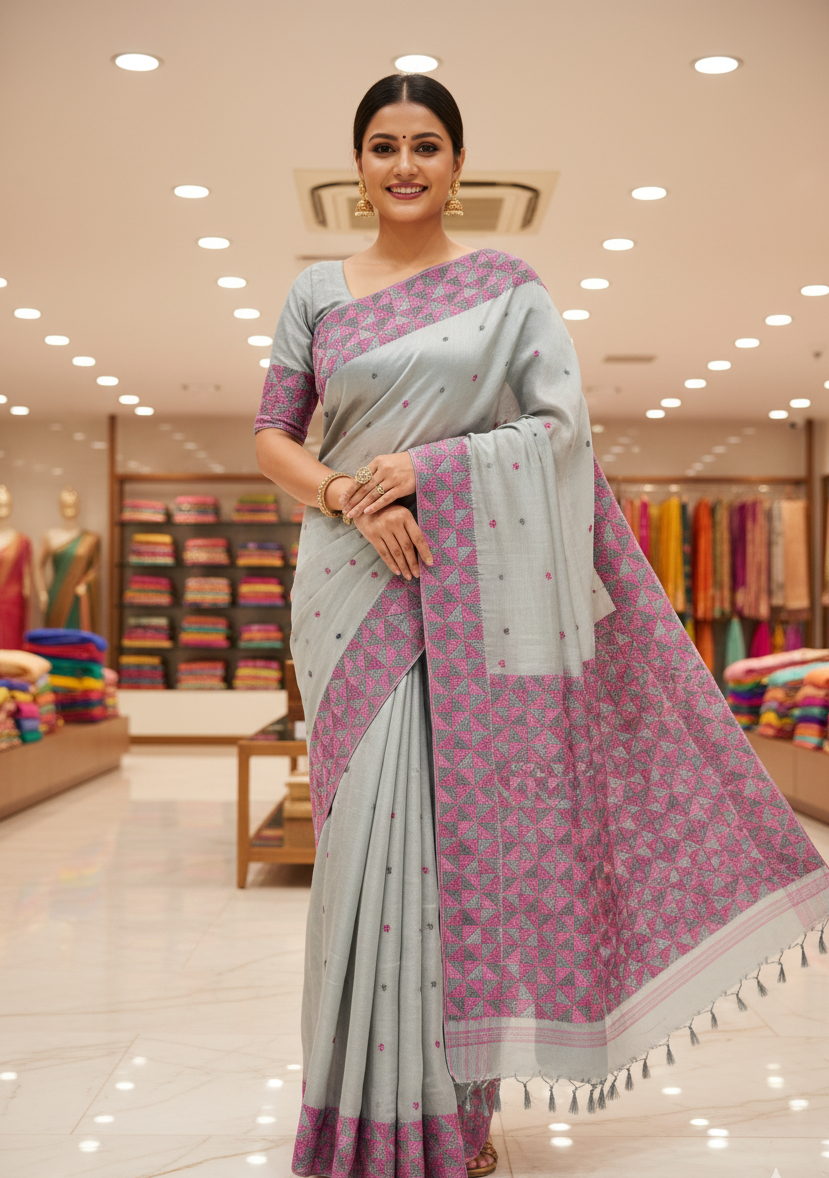 The Amritsar Store Phulkari Saree – Hand Embroidered with Multicolor Threads on Elegant Grey Chinnon Chiffon Fabric