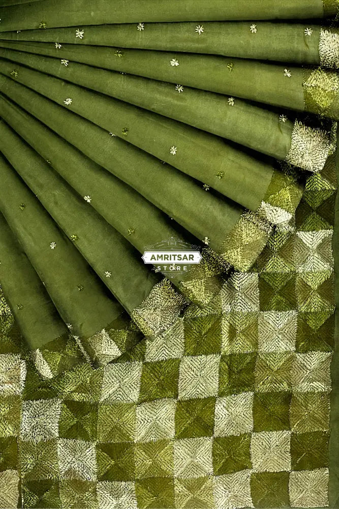 The Amritsar Store Phulkari Saree – Hand Embroidered Traditional Design in Olive Green Colo