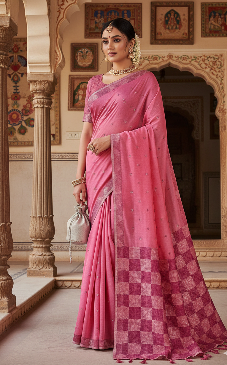 The Amritsar Store Phulkari Saree – Hand Embroidered Traditional Design in Pink Color