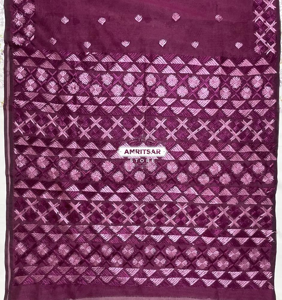 The Amritsar Store Phulkari Saree – Hand Embroidered Traditional Design on Rich Purple Fabric