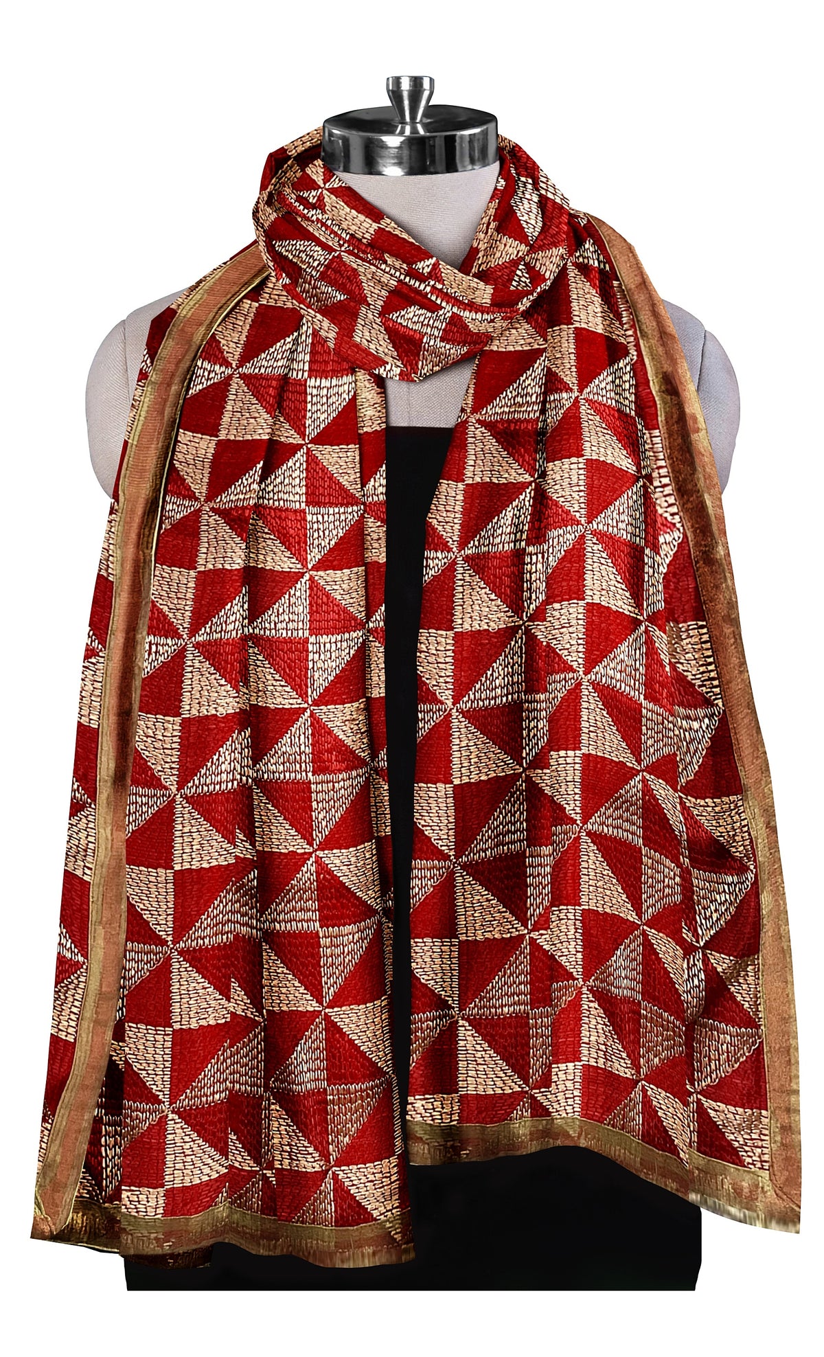 Phulkari dupatta with geometric embroidery & four side golden gotta on borders