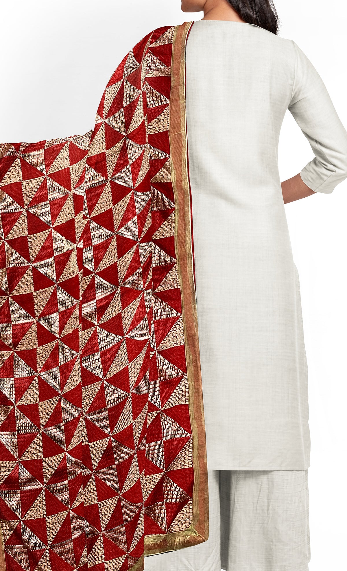 Phulkari dupatta with geometric embroidery & four side golden gotta on borders