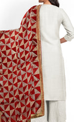 Phulkari dupatta with geometric embroidery & four side golden gotta on borders
