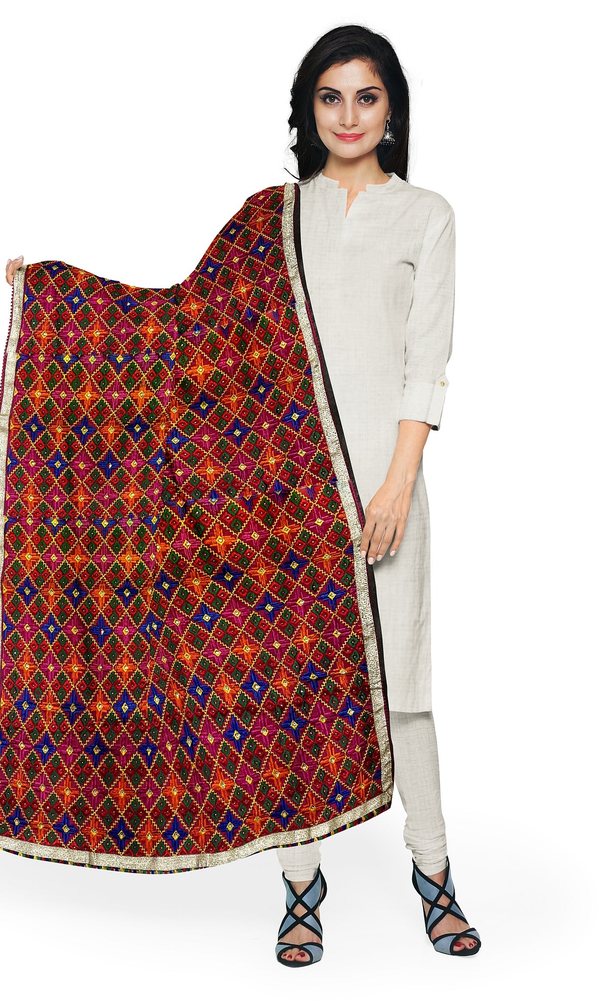 Rangoli Charm Phulkari reflects the vibrant magenta base and multicolor embroidery, reminiscent of a traditional rangoli design, full of color and cultural richness.