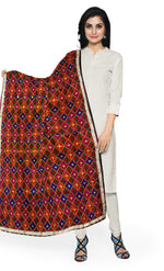 Rangoli Charm Phulkari reflects the vibrant magenta base and multicolor embroidery, reminiscent of a traditional rangoli design, full of color and cultural richness.