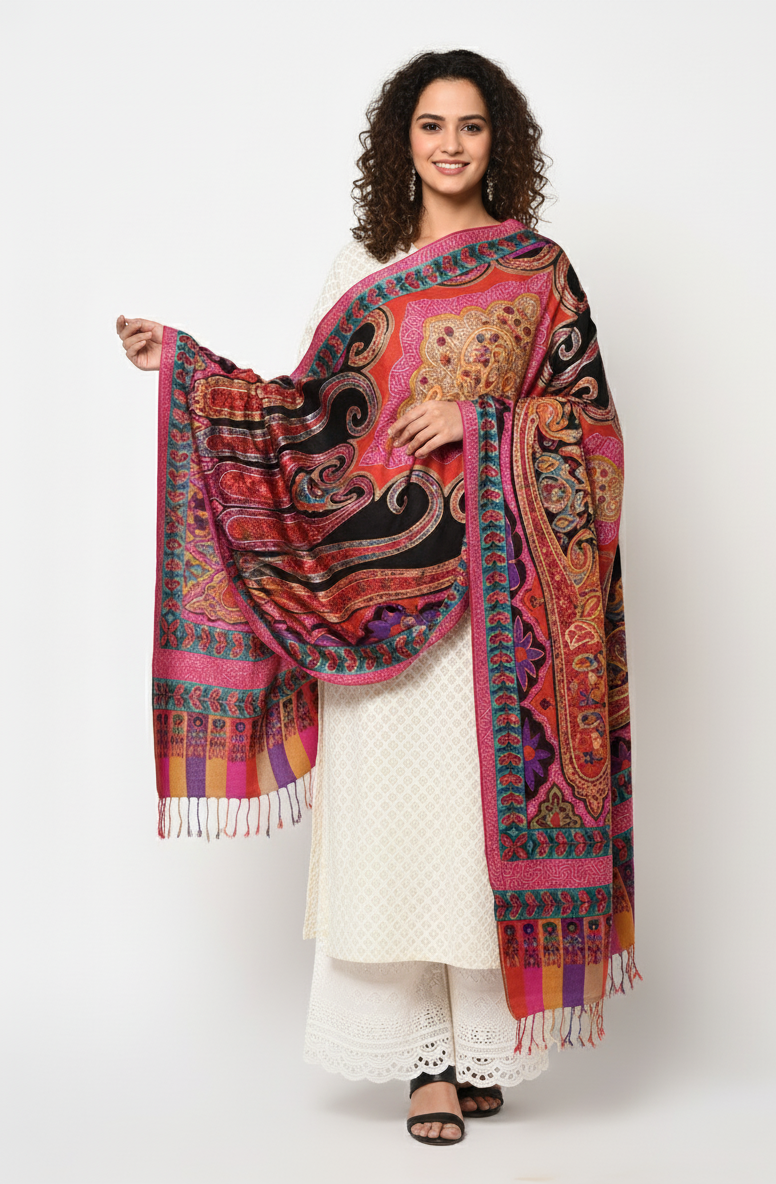Paisley Printed Hand Tie Dye Shawl With Multicolored Kashmiri Aari Outlining of the Motifs - The Amritsar Store