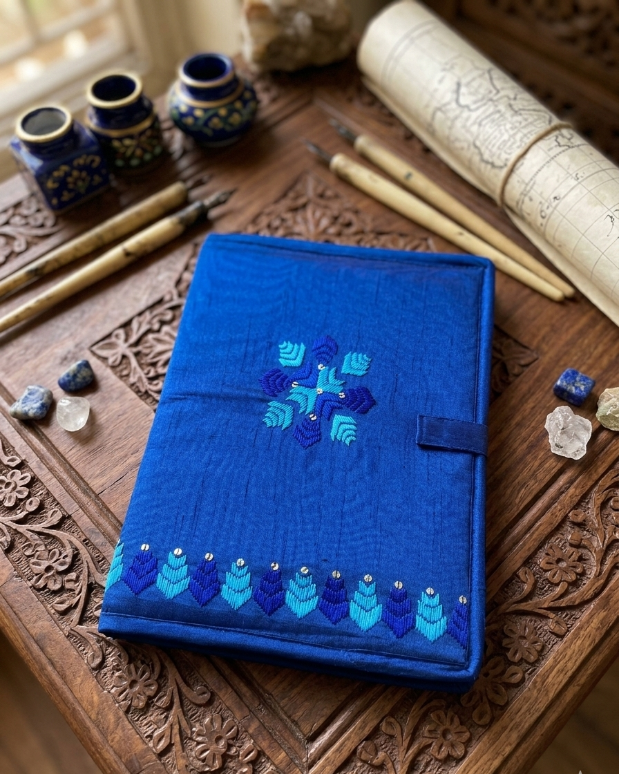 The Amritsar Store Handmade Blue Embroidered Fabric Document File with Traditional Mirror Work Detailing