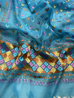 Hand embroidered blue Phulkari dupatta for women with traditional Punjabi floral embroidery and elegant ethnic design.