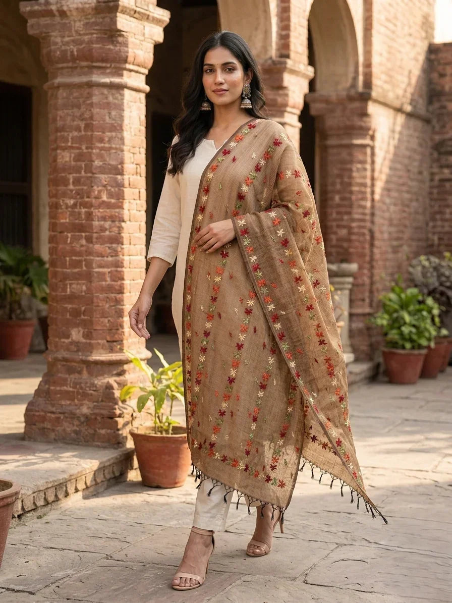 Phulkari Dupatta – Hand Embroidered Brown Dupatta For women | The Amritsar Store - The Amritsar Store