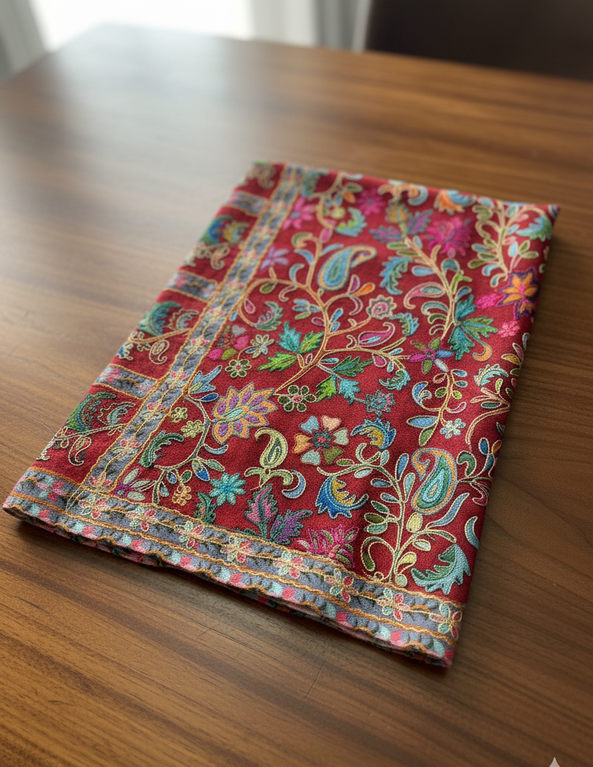 Handcrafted Kalamkari Stole with Traditional Kashmiri Floral Work – The Amritsar Store