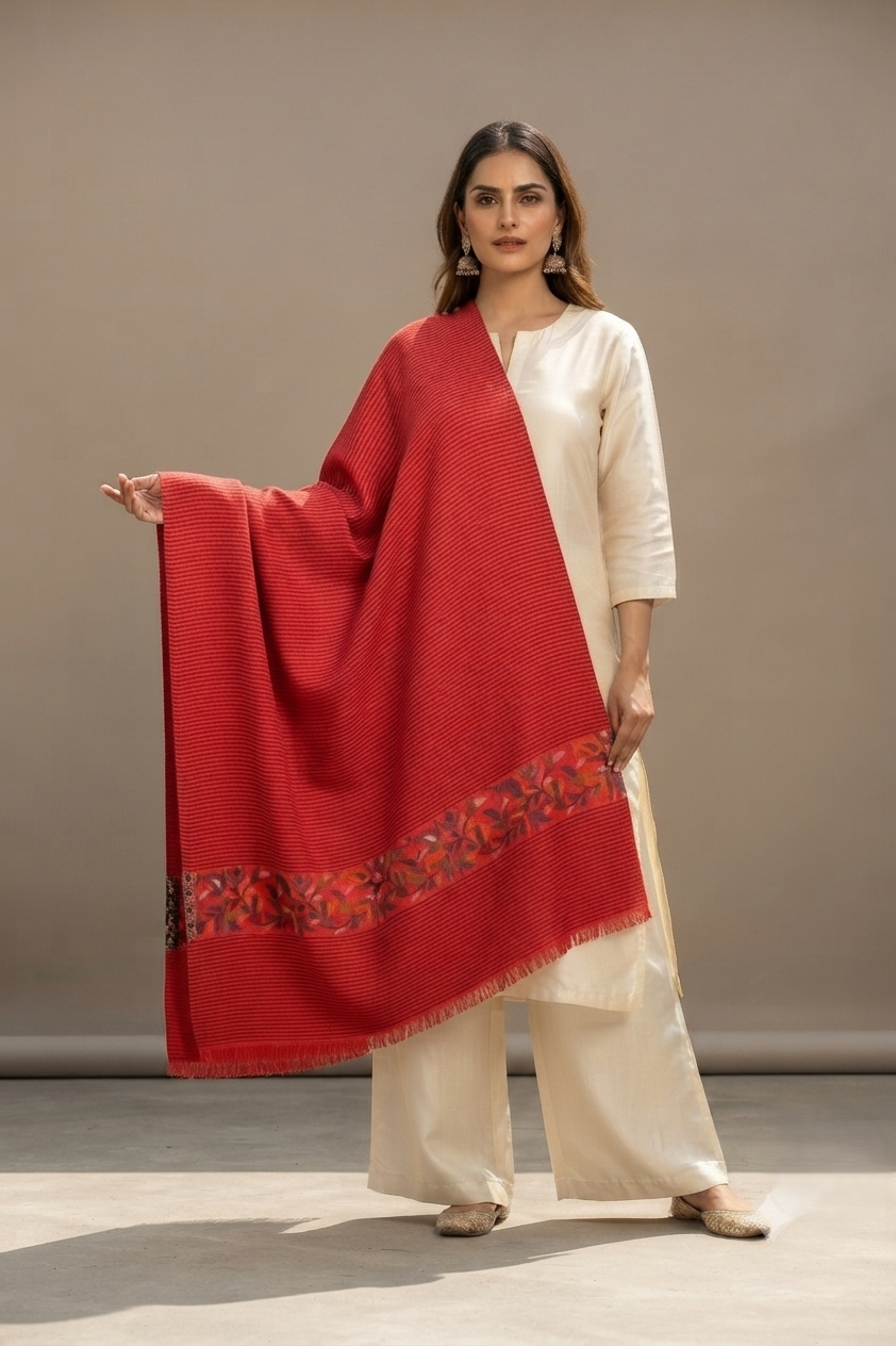 Women's traditional Kashmiri Kani shawl featuring heritage woven craftsmanship with elegant timeless detailing by The Amritsar Store.