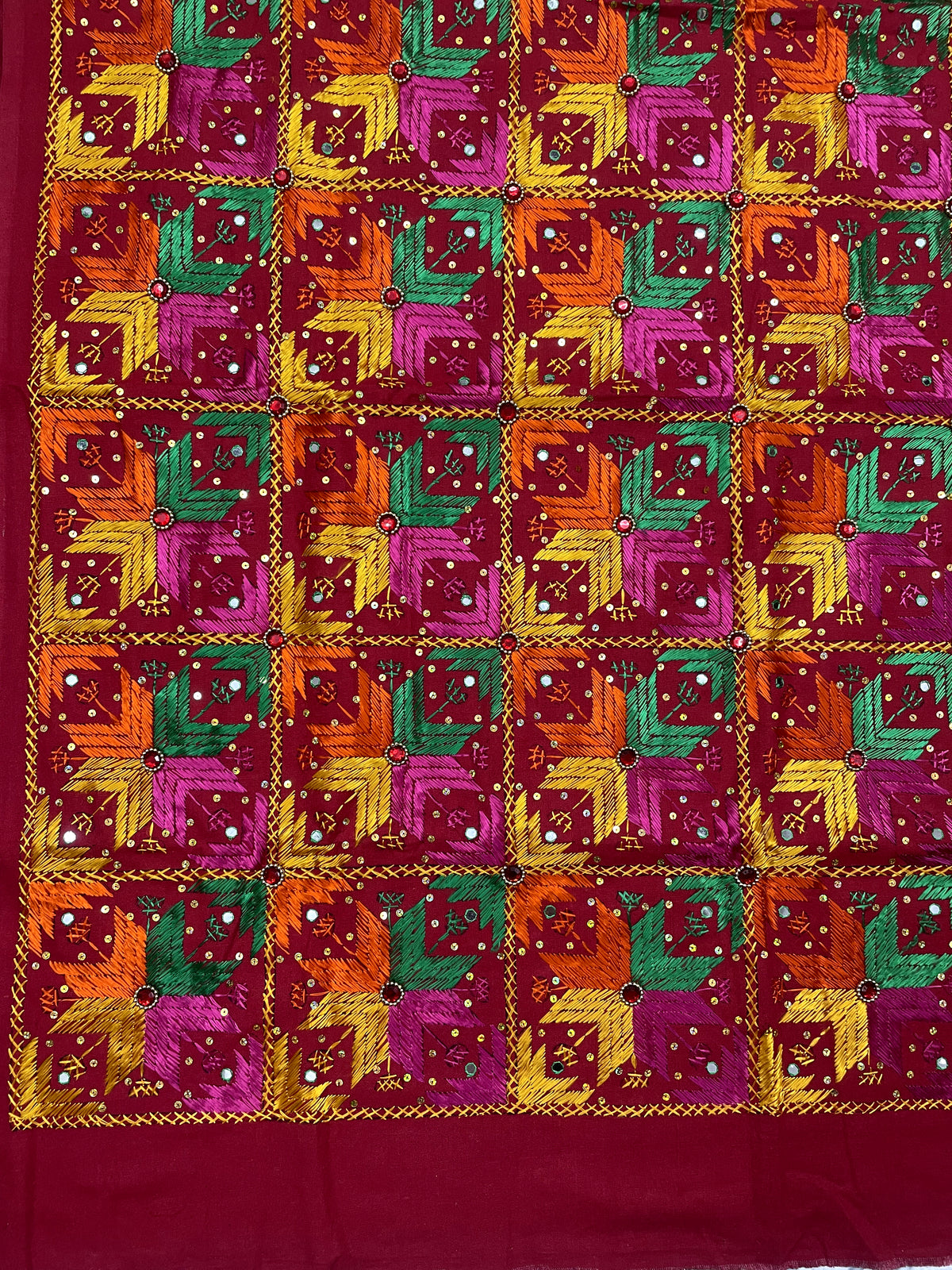 Hand embroidered Punjabi Phulkari Bagh dupatta with mirror work for women by The Amritsar Store featuring traditional ethnic craftsmanship