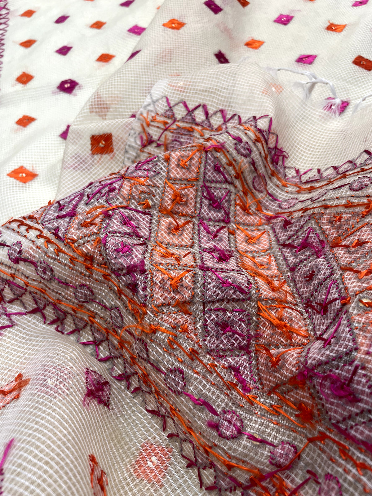 Hand embroidered Phulkari Dupatta with orange and pink thread work for women by
