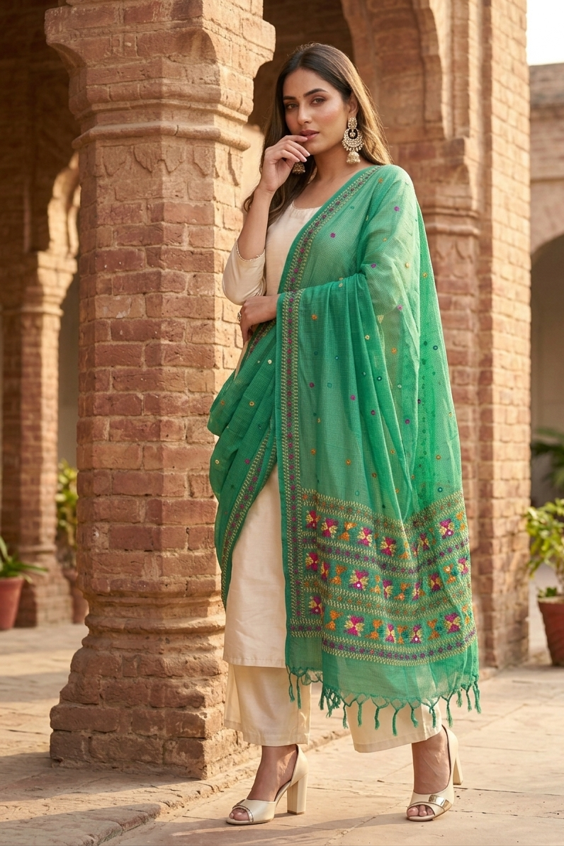 Hand embroidered Phulkari Dupatta for women in traditional Punjabi ethnic style by