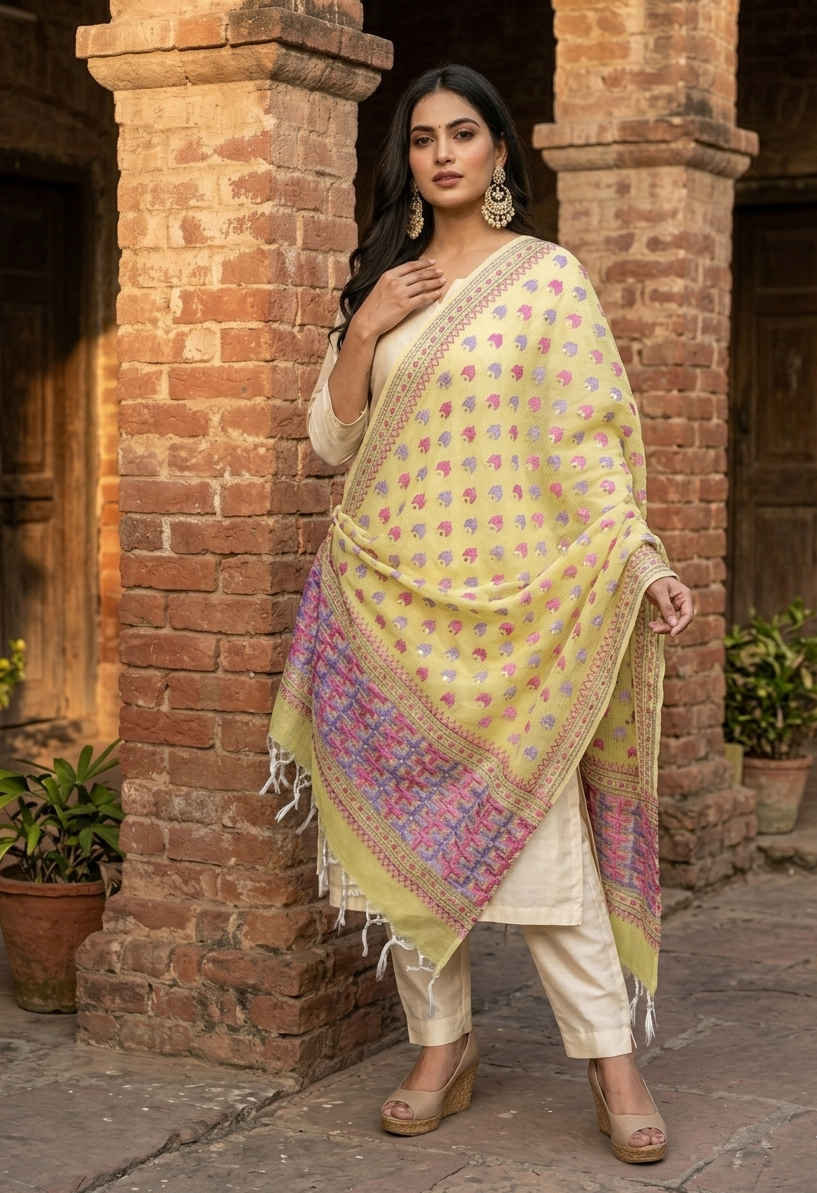 Hand embroidered lemon yellow Phulkari dupatta for women with traditional Punjabi threadwork by The Amritsar Store