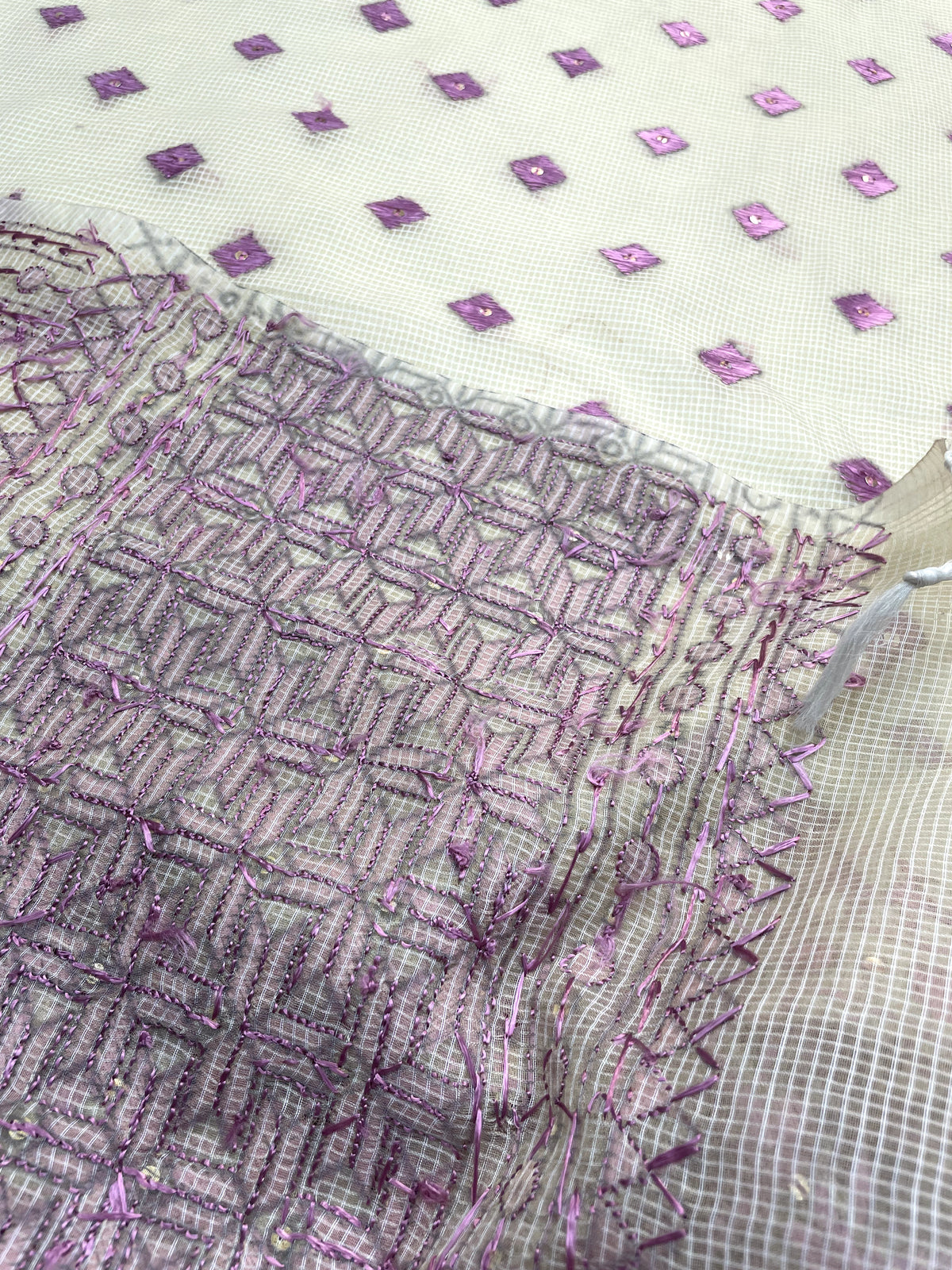 Phulkari Dupatta in off white and purple with hand embroidery for women by