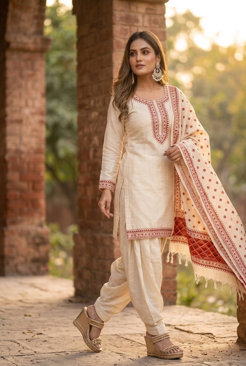 Hand embroidered off white Phulkari dupatta with red floral Punjabi embroidery by The Amritsar Store