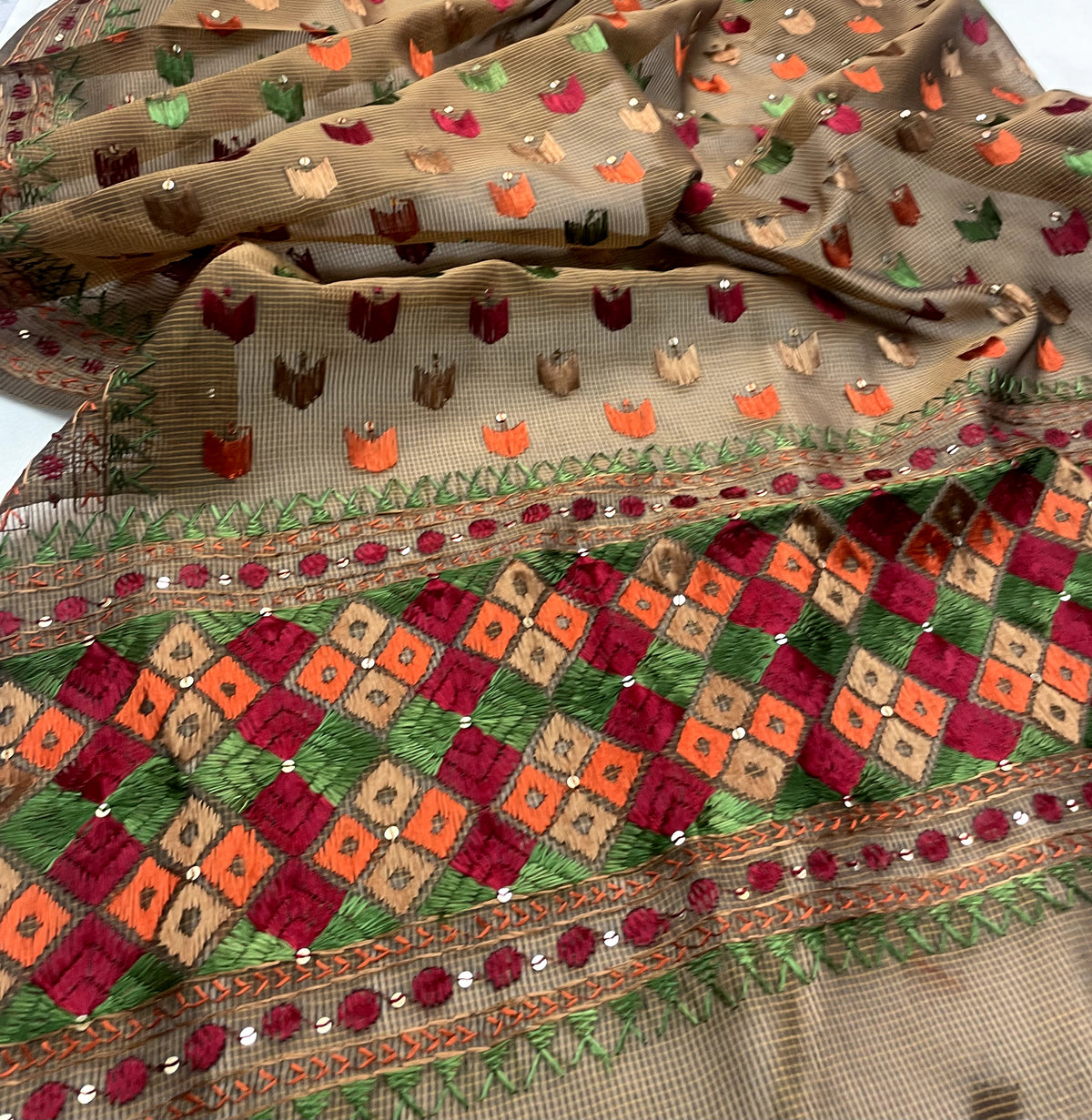 Hand embroidered Phulkari dupatta for women with traditional Punjabi embroidery by