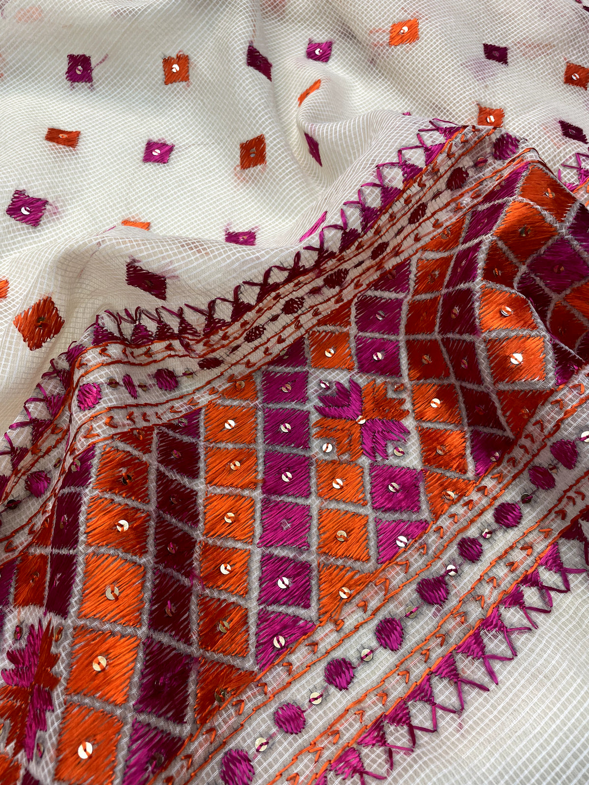 Hand embroidered Phulkari Dupatta with orange and pink thread work for women by
