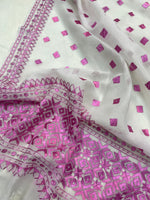 Hand embroidered Phulkari dupatta in off white with pink threadwork and traditional Punjabi design