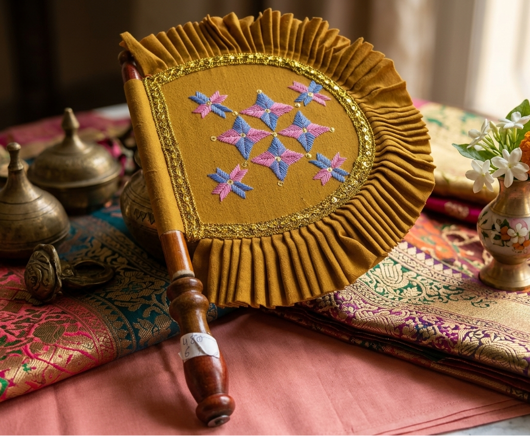 Handcrafted Phulkari hand fan pankhi with vibrant red base and multicolor floral embroidery by The Amritsar Store, showcasing traditional Punjabi artistry