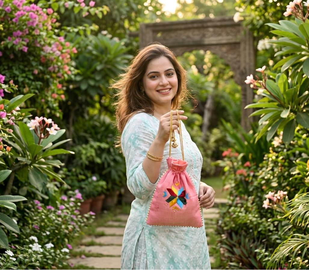 Handmade Phulkari embroidered potli bag with vibrant multicolor floral threadwork and traditional Punjabi design by The Amritsar Store