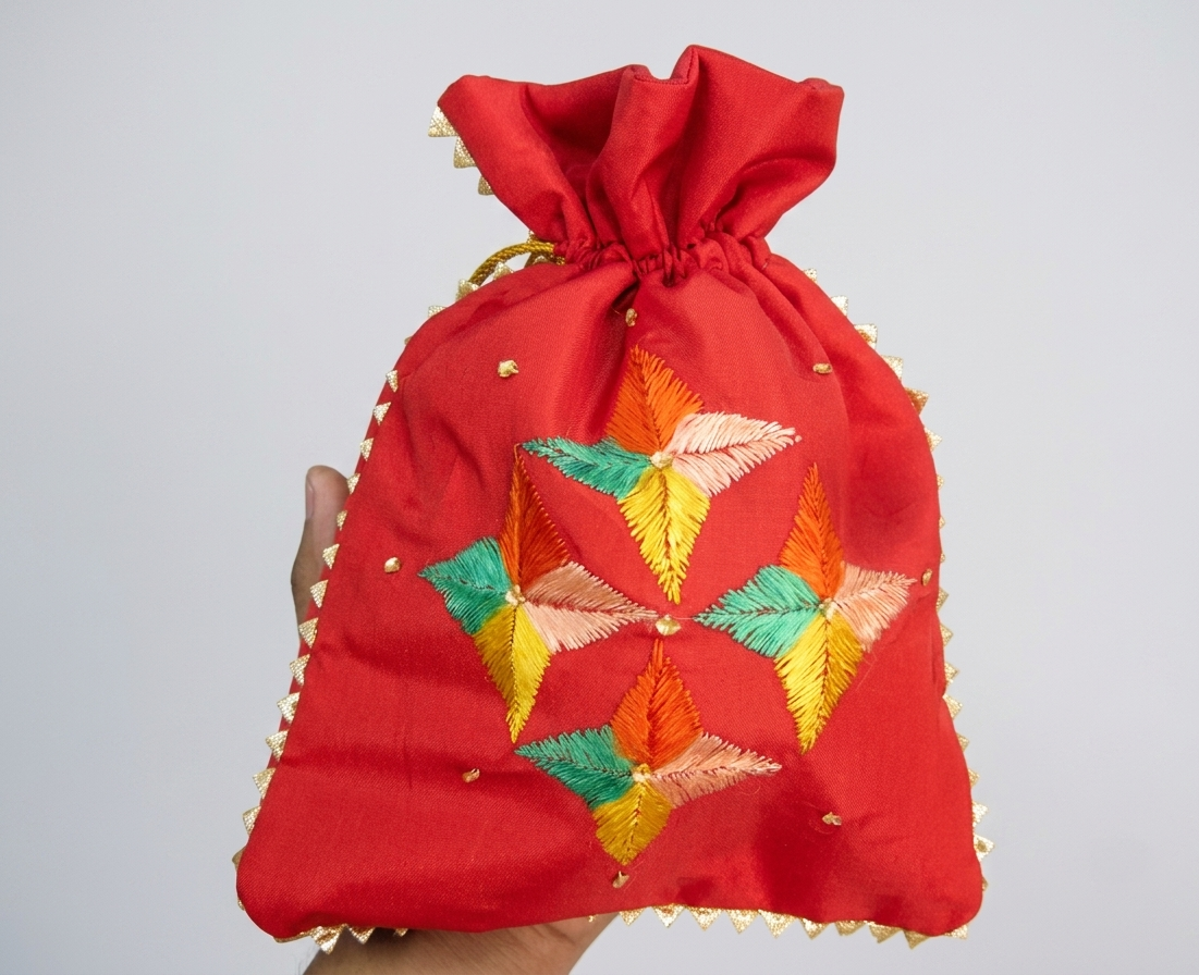 The Amritsar Store Phulkari Embroidered Red Potli Bag