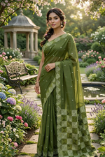 The Amritsar Store Phulkari Saree – Hand Embroidered Traditional Design in Olive Green 
