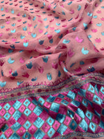 Hand embroidered pink Phulkari dupatta with blue and magenta Punjabi threadwork and traditional ethnic design by The Amritsar Store