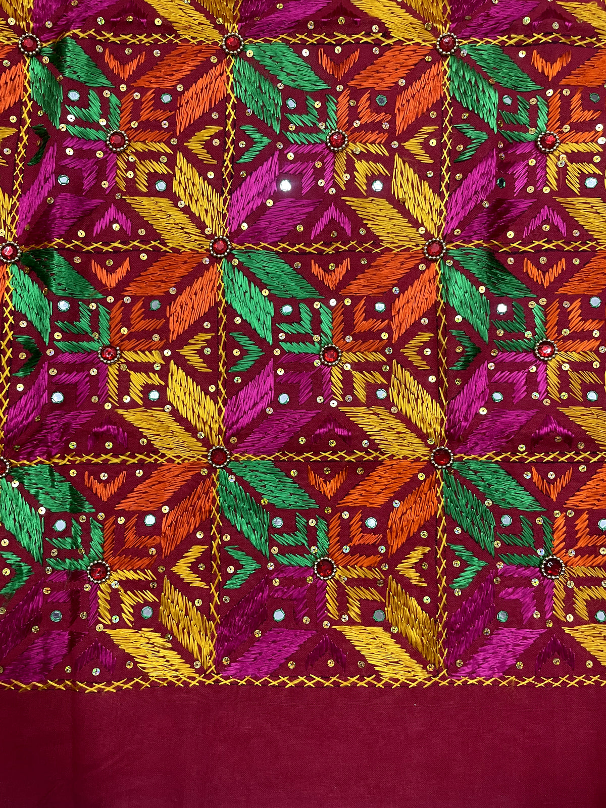 Hand embroidered Phulkari Bagh mirror work dupatta for women by The Amritsar Store featuring traditional Punjabi embroidery and mirror detailing