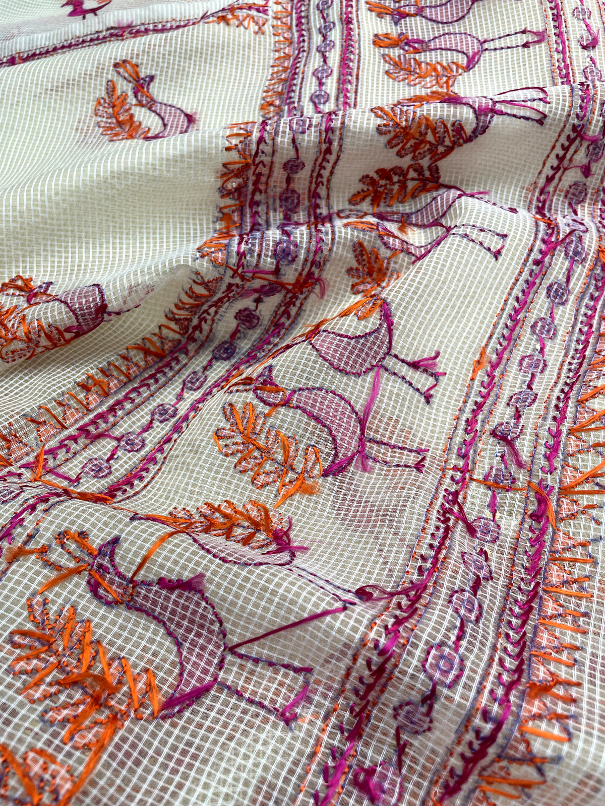 Off White Kota Doria Phulkari Dupatta for Women with Hand Embroidered Traditional Punjabi Floral Design
