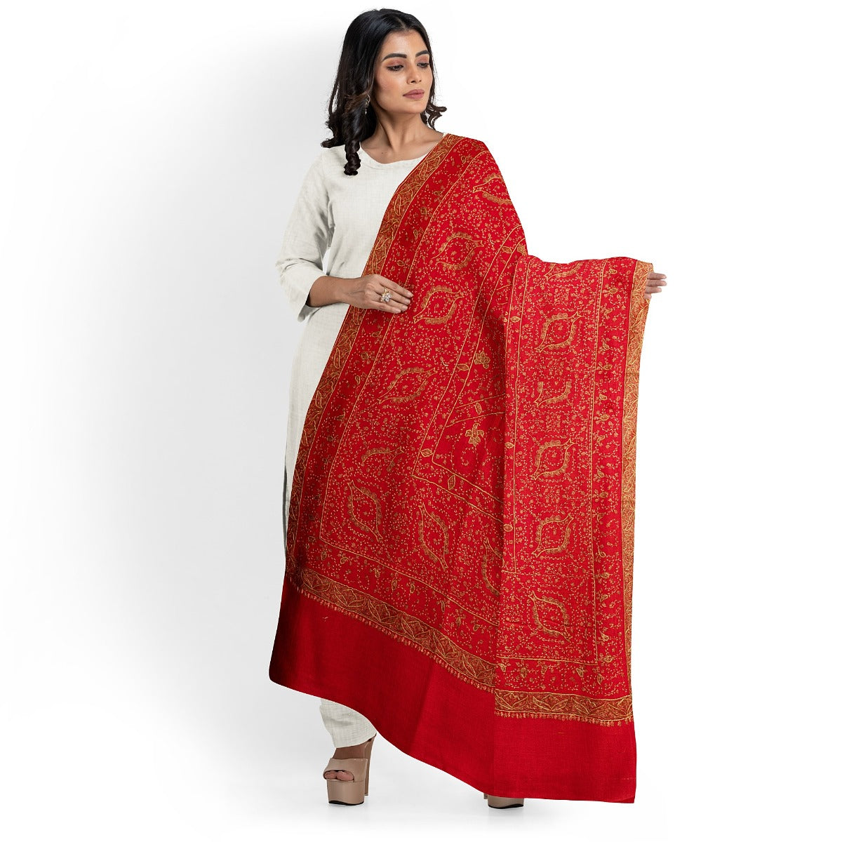 Women's Red Shawl, Sozni Hand Embroidered Pashmina Shawl For Women, Soft Women Wraps, Heritage Shawls, Large Wool Wrap, Authentic Kashmiri Shawls - The Amritsar Store