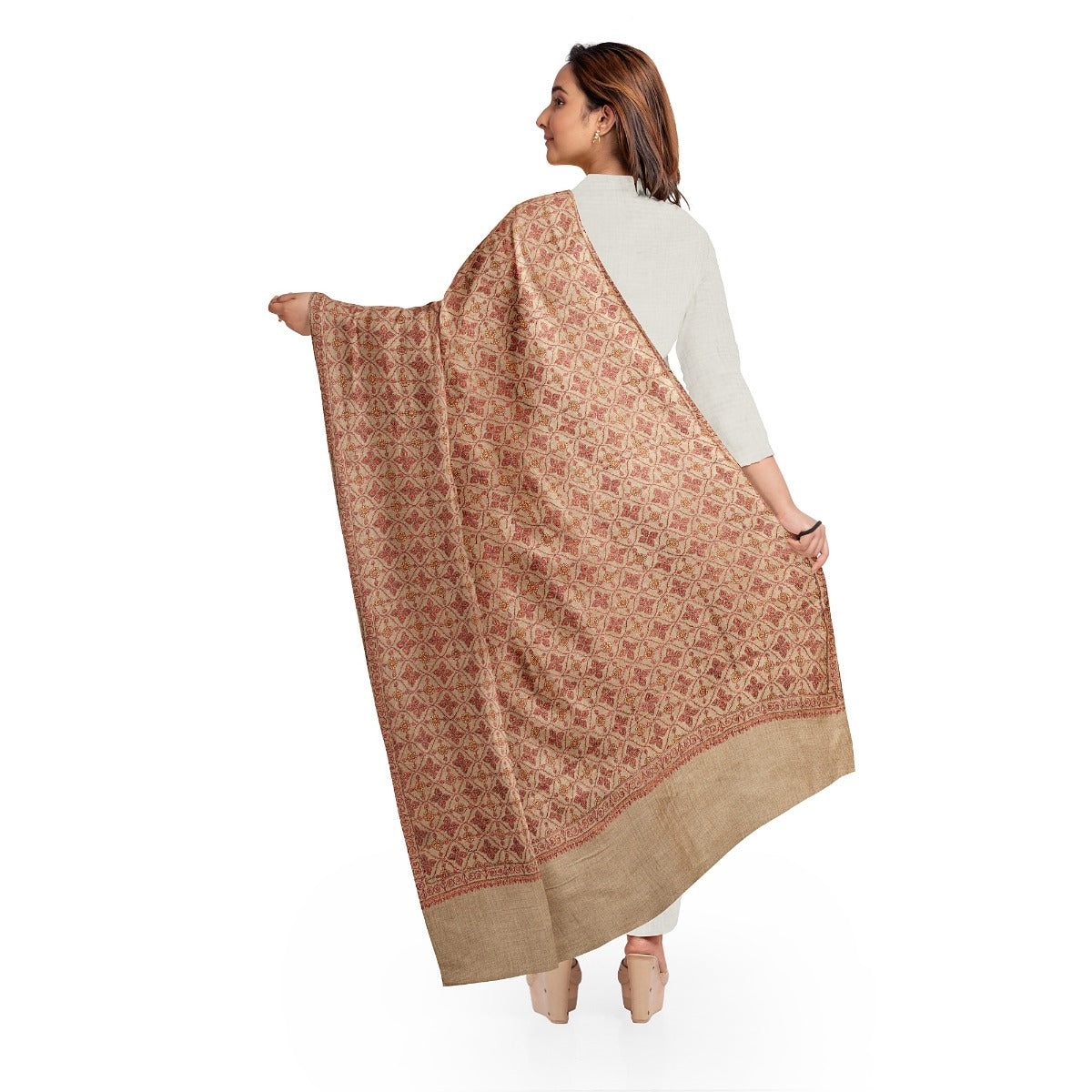 Women's Beige Shawl, Sozni Hand Embroidered Pashmina Shawl For Women, Soft Women Wraps, Heritage Shawls, Large Wool Wrap, Authentic Kashmiri Shawls - The Amritsar Store