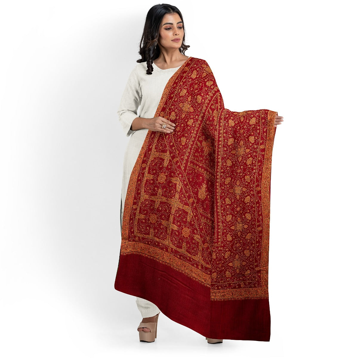 Women's Burgundy Shawl, Sozni Hand Embroidered Pashmina Shawl For Women, Soft Women Wraps, Heritage Shawls, Embroidered Women Shawls, Authentic Kashmiri Shawls - The Amritsar Store