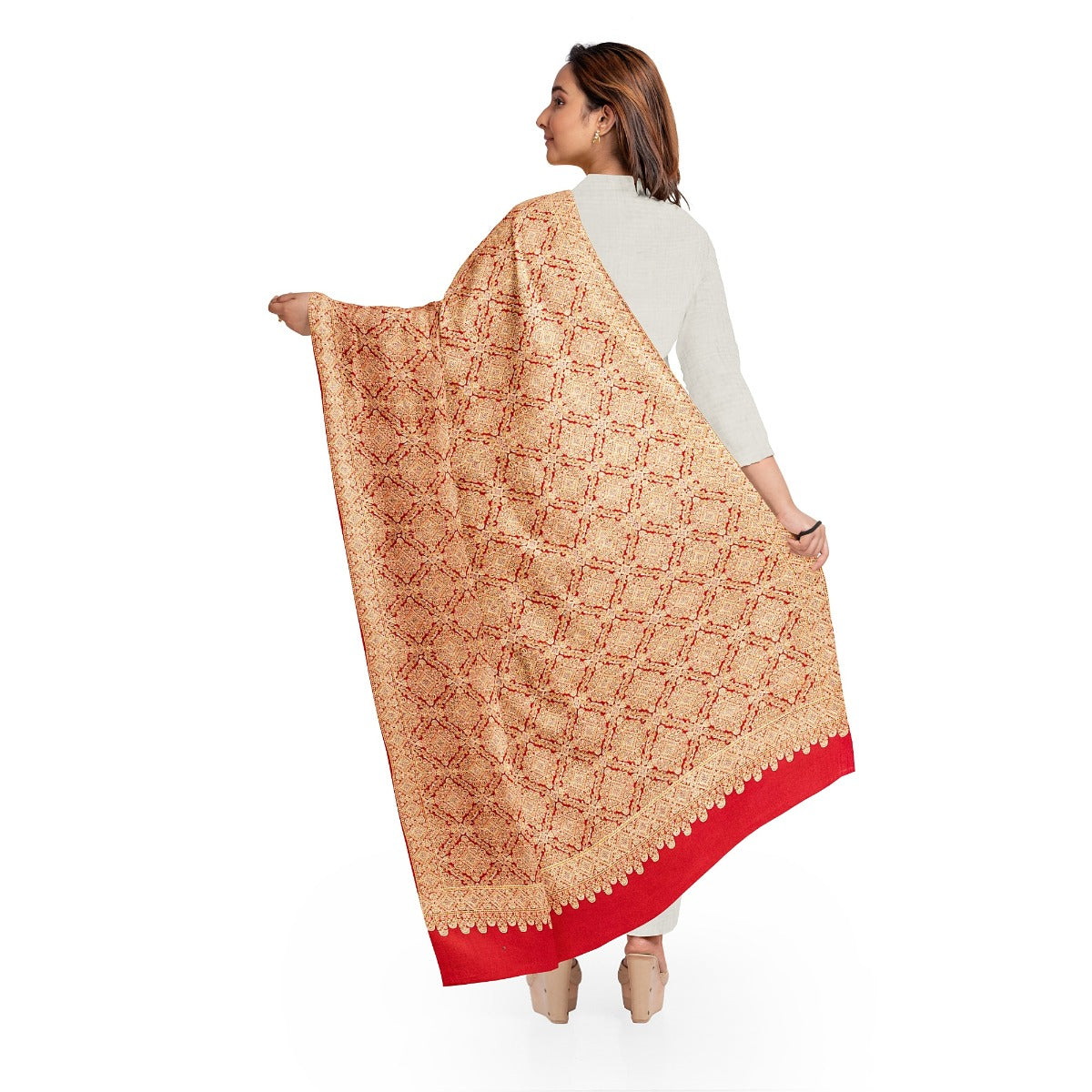Women's Red Shawl, Needle Embroidery Kashmiri Shawl for women, Full Heavy Embroidery Shawl, Heritage Pure Wool Shawl With Sozni Embroidery - The Amritsar Store