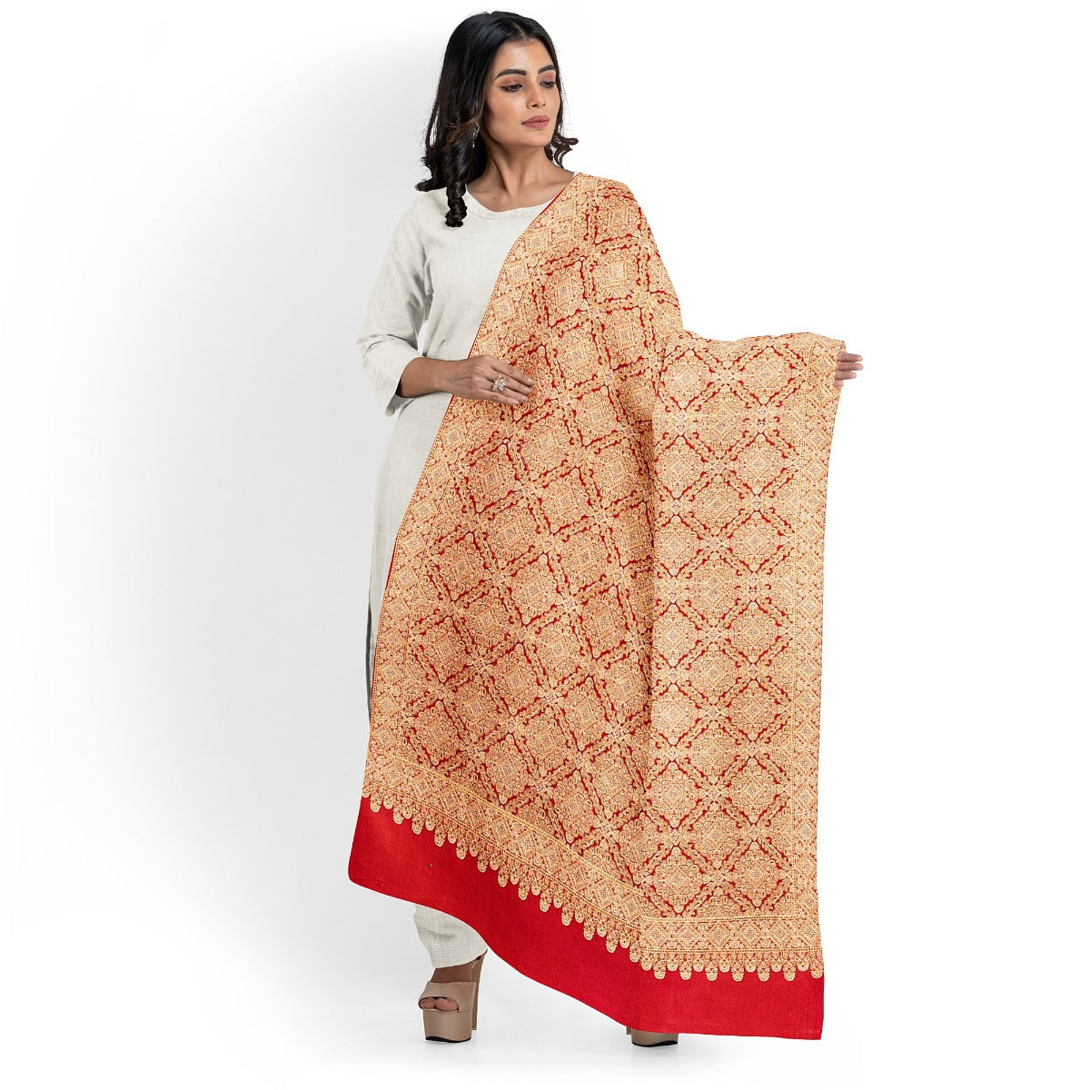 Women's Red Shawl, Needle Embroidery Kashmiri Shawl for women, Full Heavy Embroidery Shawl, Heritage Pure Wool Shawl With Sozni Embroidery - The Amritsar Store