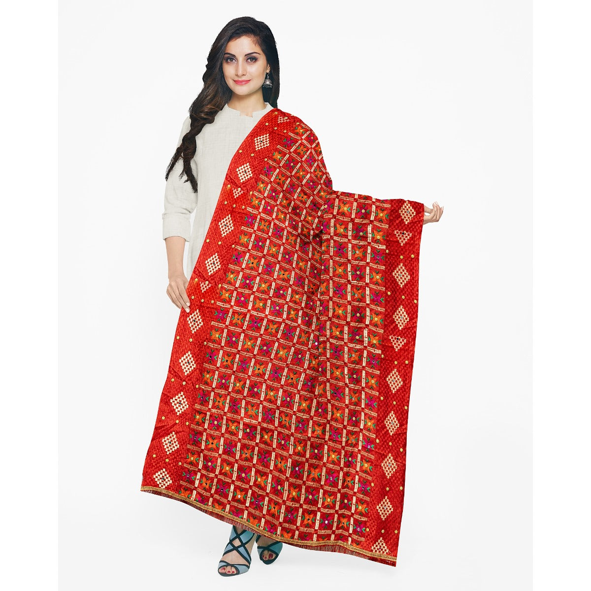 Phulkari Dupatta in Vibrant Red with Beautiful Hand Embroidery For Wedding With Cut Work 2.35 Mtr x 0.90 Mtr - The Amritsar Store
