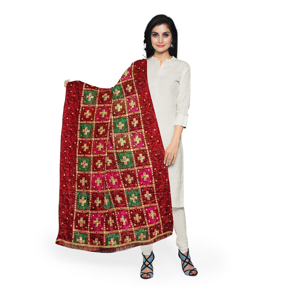Phulkari Dupatta Luxurious Maroon With Elegant Handmade Embroidery & Cut Work For Wedding 2.35 Mtr 0.95 Mtr - The Amritsar Store