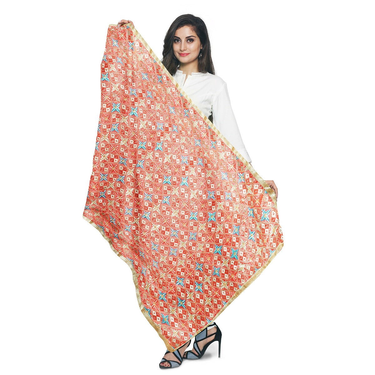Phulkari Dupatta For Women Amritsar Handwork Multicolor Embroidered Dupatta With Four Side Gotta Size 2.25 Mtr x 0.95 Mtr - The Amritsar Store